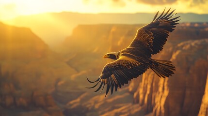 Obraz premium Eagle in flight at sunset over canyons