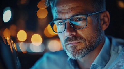 Close up view of focused businessman wears computer glasses for reducing eye strain blurred vision looking at pc screen with computer reflection using internet, reading, watching, working online late