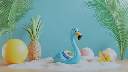 Obraz premium Colorful Summer Scene with a Blue Flamingo Pool Float and Decor