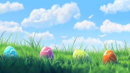 Colorful Painter Easter Eggs In Green Grass Over Blue Boker Blurred Sky Background Vector Illustration