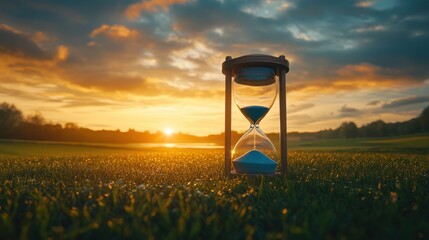 Hourglass on Grass at Sunset Against Dramatic Cloudy Sky