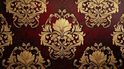 Rich damask wallpaper in deep red and gold, featuring bold and detailed symmetrical patterns