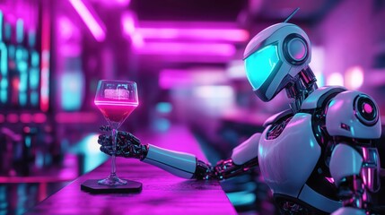 Futuristic robot bartender mixes colorful drinks neon bar digital art urban nightlife close-up innovation