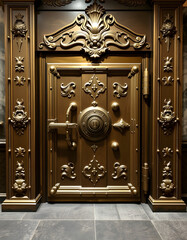 a vintage bank vault door with ornate design elements, Side lit, with white tones