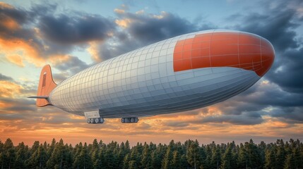Futuristic Airship Flying Over Forest at Sunset in Dramatic Sky