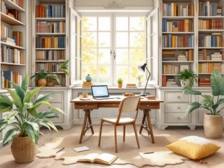 Fototapeta premium Cozy home office with wooden desk and bookshelves by sunlit window