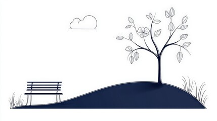 Minimalist Nature Scene with Bench, Tree, Cloud and Grass Illustration for Tranquil Atmosphere