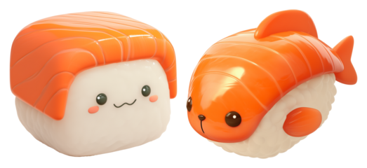 Cute cartoon sushi rolls with smiling faces isolated on transparency background