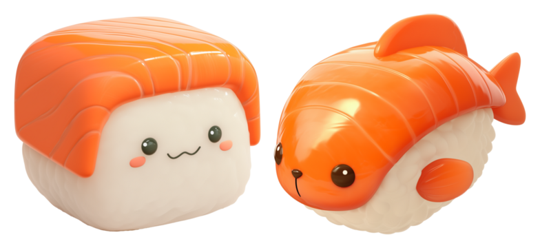 Cute cartoon sushi rolls with smiling faces isolated on transparency background