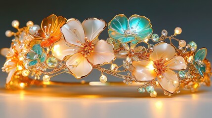 Fototapeta premium Exquisite floral tiara with colorful crystal accents and delicate pearls