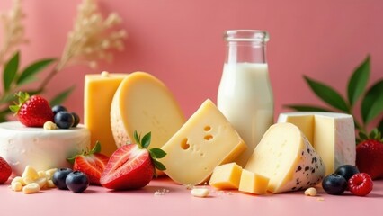 A delectable arrangement of various cheeses, accompanied by fresh berries and a bottle of milk, presented on a pink surface.