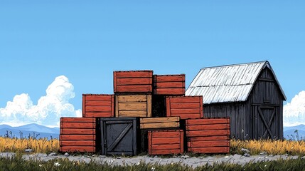 Rustic Farm Scene with Stacked Wooden Crates and a Wooden Shed Under a Clear Blue Sky