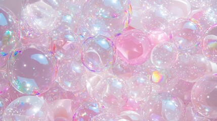Glittering iridescent soap bubbles with pink hues floating in soft light