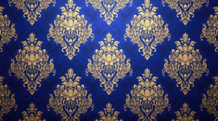 Seamless wallpaper design with sophisticated damask details in a royal blue and gold color scheme