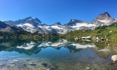 Serene Mountain Lake with Vibrant Greenery Reflecting Rugged Snow-Capped Peaks under Clear Blue Sky, Perfect for Nature, Travel, and Outdoor Adventure Concepts, Generative AI