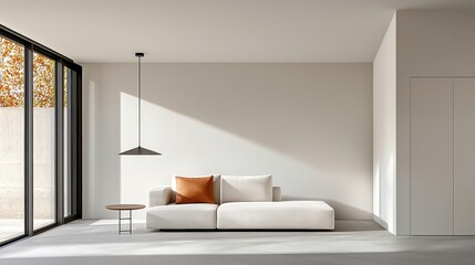 Modern minimalistic living room interior with large windows and natural light highlighting design