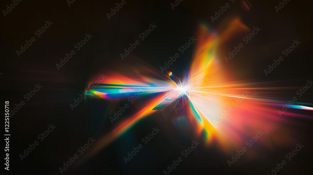 Poster Mesmerizing abstract display of colorful light refractions on a black background. Rainbow hues of red, orange, yellow, green, blue, and violet create a dynamic, flowing, and ethereal optical pattern b