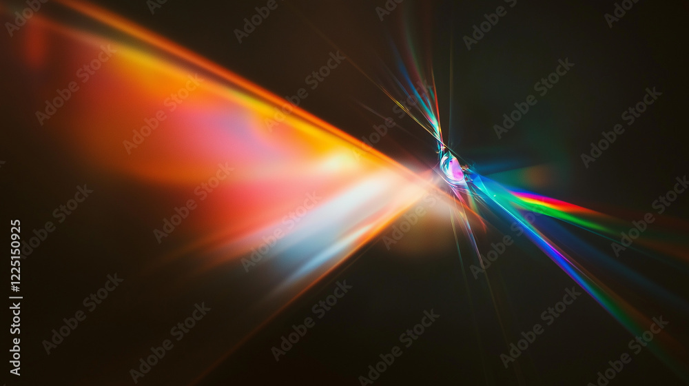 Poster Mesmerizing abstract display of colorful light refractions on a black background. Rainbow hues of red, orange, yellow, green, blue, and violet create a dynamic, flowing, and ethereal optical pattern b