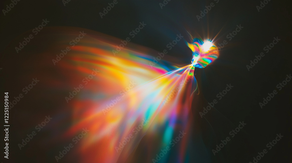 Poster Mesmerizing abstract display of colorful light refractions on a black background. Rainbow hues of red, orange, yellow, green, blue, and violet create a dynamic, flowing, and ethereal optical pattern b