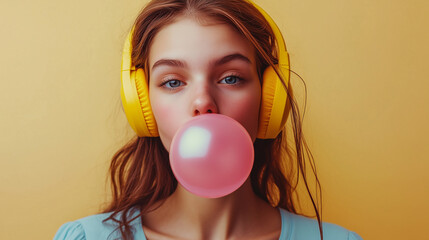 girl with headphones and pink bubble gum
