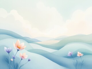 Serene pastel landscape with soft hills and delicate flowers under a clouded sky