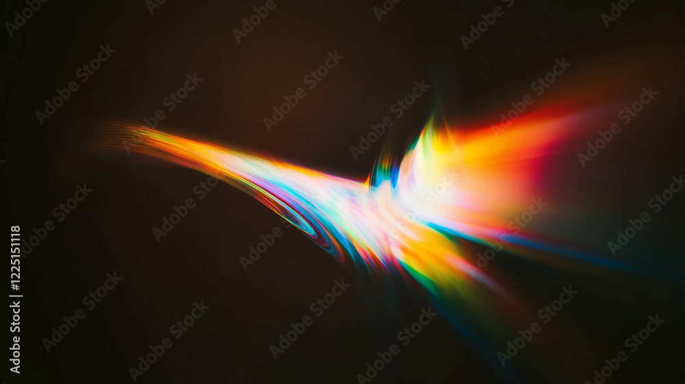 Poster Mesmerizing abstract display of colorful light refractions on a black background. Rainbow hues of red, orange, yellow, green, blue, and violet create a dynamic, flowing, and ethereal optical pattern b