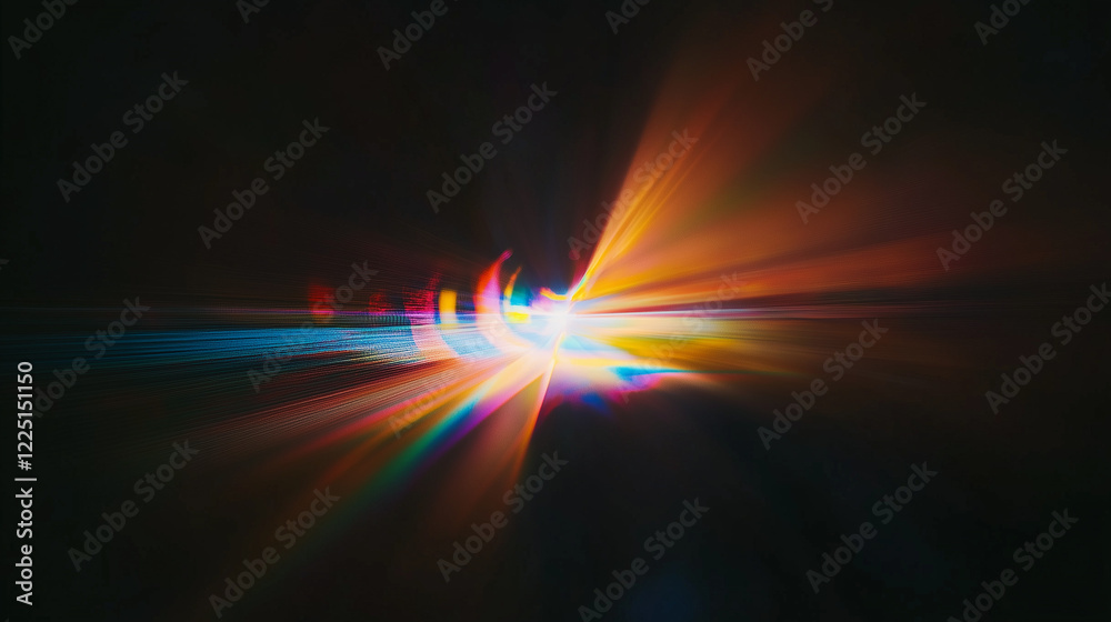 Poster Mesmerizing abstract display of colorful light refractions on a black background. Rainbow hues of red, orange, yellow, green, blue, and violet create a dynamic, flowing, and ethereal optical pattern b