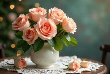 Fototapeta premium A delicate arrangement of peach roses in a cream vase, elegantly placed on a crocheted doily atop a wooden table, creates a serene and romantic atmosphere.