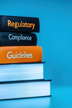 Stack of glowing books titled "Regulatory Compliance Guidelines"