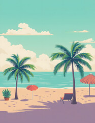 Obraz premium Retro palm beach. Generate Ai, flat design, with white tones