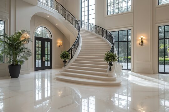 Grand entrance hall with a sweeping marble staircase tall windows and elegant decor