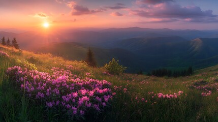 Mountain Sunrise with Wildflowers background