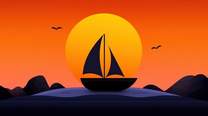 Fototapeta premium Sailing into the Sunset with a Beautiful Orange Sky and Silhouette of a Sailboat