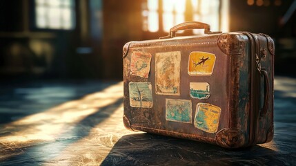 Vintage suitcase with travel stickers on wooden floor. (1)