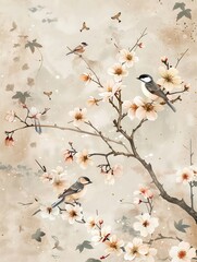 An elegant chinoiserie wallpaper with blooming cherry blossoms, small birds perched on branches, and a tranquil pond in soft pastel tones of cream, beige, gold and grey