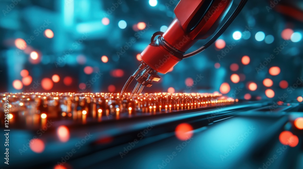 Poster automated robotics performing assembly tasks high-tech factory digital content futuristic environmen