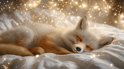 Obraz premium Peaceful fox sleeping amidst magical sparkles on soft white blanket