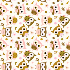 Cute pink, gold brown owls vector seamless pattern in simple flat style for designs for kids and babies