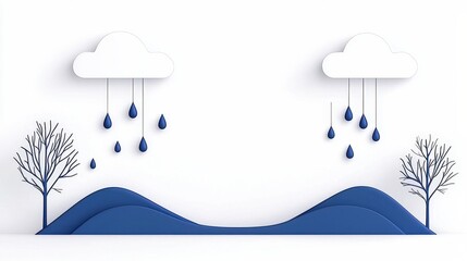 Minimalist Blue Landscape with Clouds, Rain, Tree, and Hills in Clean Modern Style