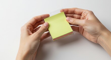 Hands Holding Stack of Green Sticky Notes on White Background