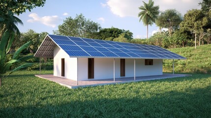 Obraz premium A modern, eco-friendly house with solar panels sits in a lush green landscape, surrounded by trees and open space under a bright sky.