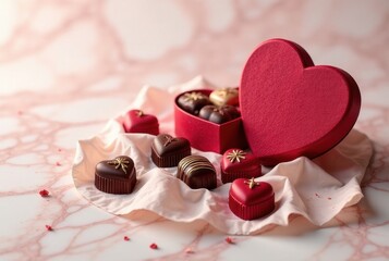 Heart-shaped box of assorted chocolates rests on a delicate pink cloth, surrounded by additional heart-shaped confections, creating a romantic and delectable scene.