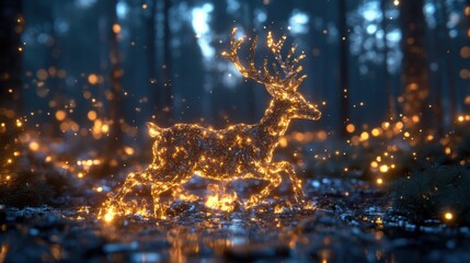 Enchanted forest: majestic deer illuminated by magical glowing particles in a mystical woodland