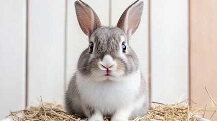 Adorable grey bunny sitting on straw against rustic wooden background