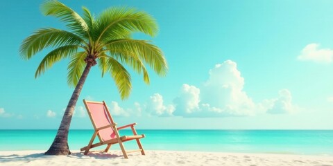 Serene Beachscape A Relaxing Tropical Paradise with a Comfortable Chair Underneath Lush Palm Tree on White Sand Beach and Azure Ocean