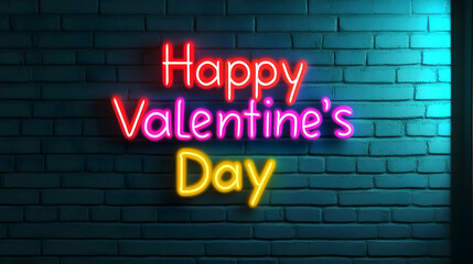 Obraz premium Happy Valentine's Day neon sign glowing brightly against a textured blue brick wall in celebration of love during the evening hours
