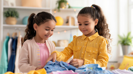 Obraz premium Two young girls happily choosing clothes together in bright room filled with colorful garments and decorations. scene captures moment of sibling bonding and fashion exploration