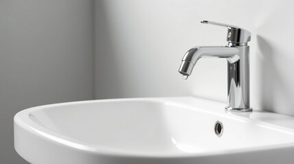 Fototapeta premium A single drop of water falls from a polished chrome faucet into a pristine white basin.