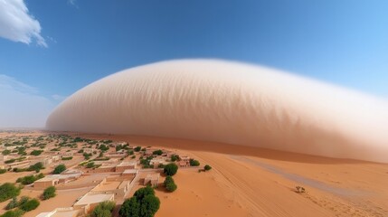 Massive sandstorm approaching desert village under clear blue sky