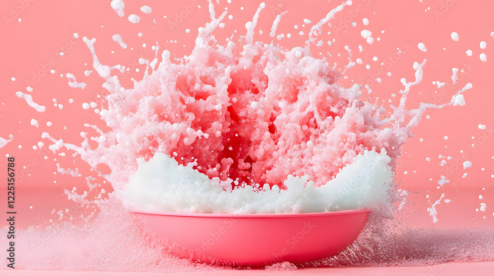 Poster a vibrant pink bowl filled with foamy bubbles splashes against a pastel pink background, creating a 